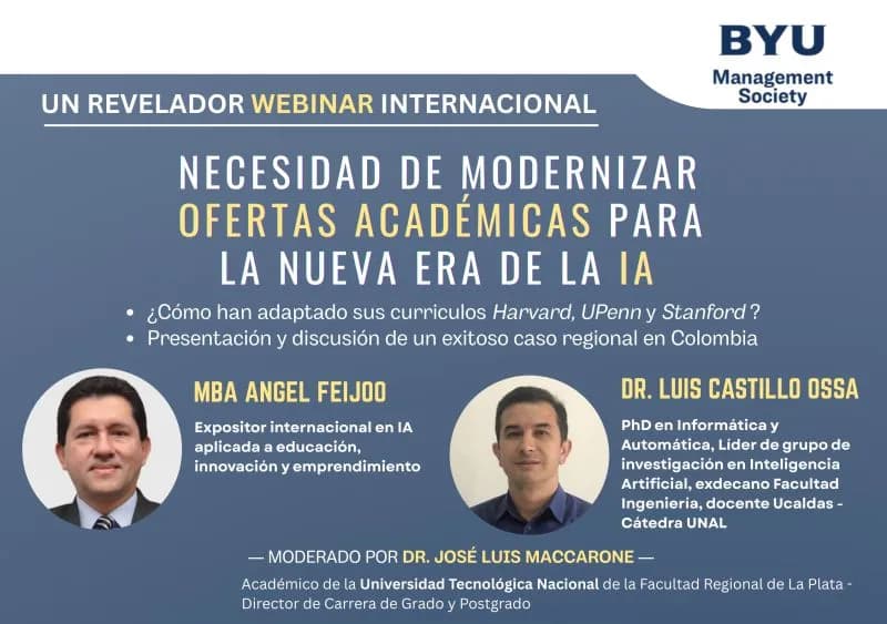 Afiche del webinar internacional sobre modernizar las ofertas académicas, con los retratos de Angel Feijoo y Luis Castillo Ossa